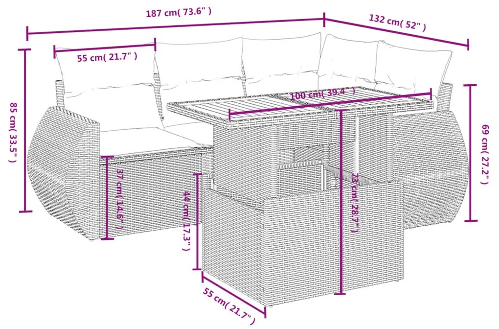 5 pcs conjunto de sofás p/ jardim com almofadões vime PE bege