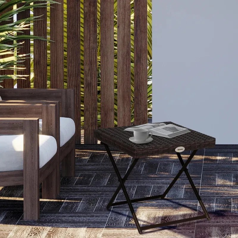 Mesa de Jardim em Vime Sintético Mesa Dobrável com Pés Cruzados e Estrutura de Aço para Pátio Varanda 40x40x40 cm Castanho