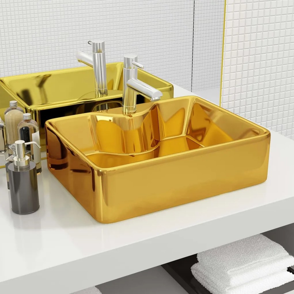 vidaXL Lavatório c/ orifício p/ torneira 48x37x13,5cm cerâmica dourado