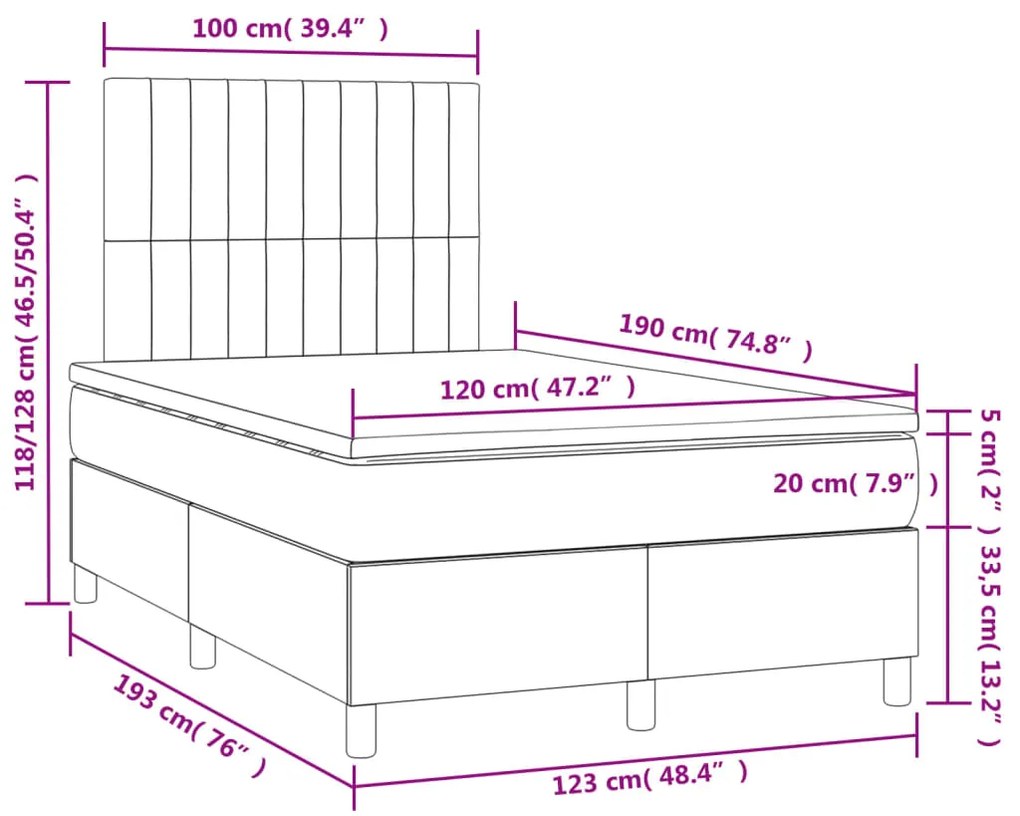 Cama box spring c/ colchão/LED 120x190cm tecido castanho-escuro