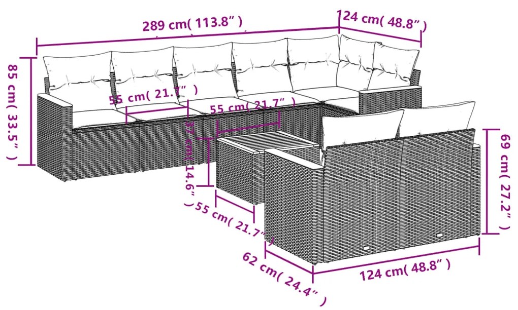 9 pcs conjunto de sofás p/ jardim c/ almofadões vime PE preto
