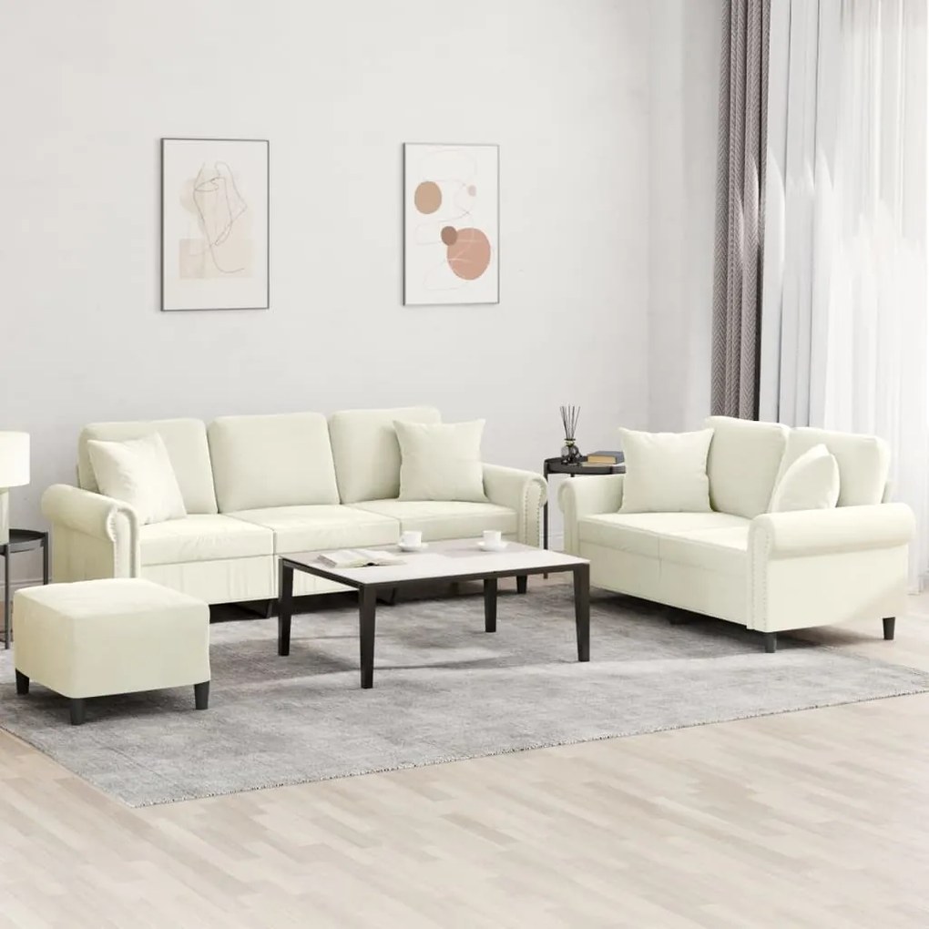 vidaXL 3 pcs conjunto de sofás com almofadas veludo cor creme