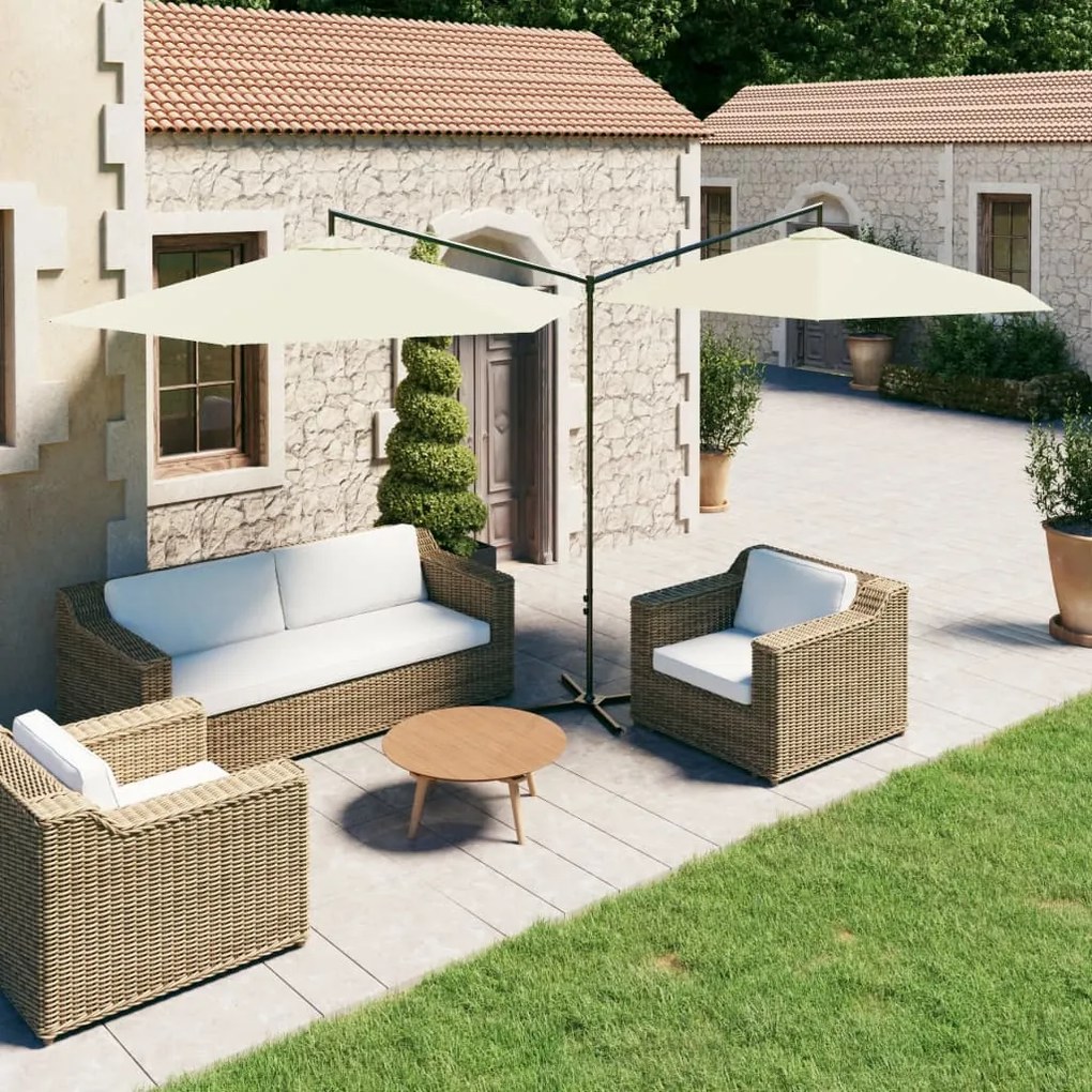 Guarda-sol de jardim duplo com poste de aço 600 cm areia