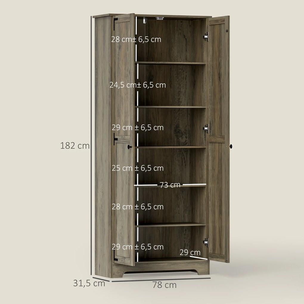 Armário de Cozinha Armário de Arrumação com 2 Portas e Prateleiras Ajustáveis 78x31,5x182 cm Castanho Acinzentado