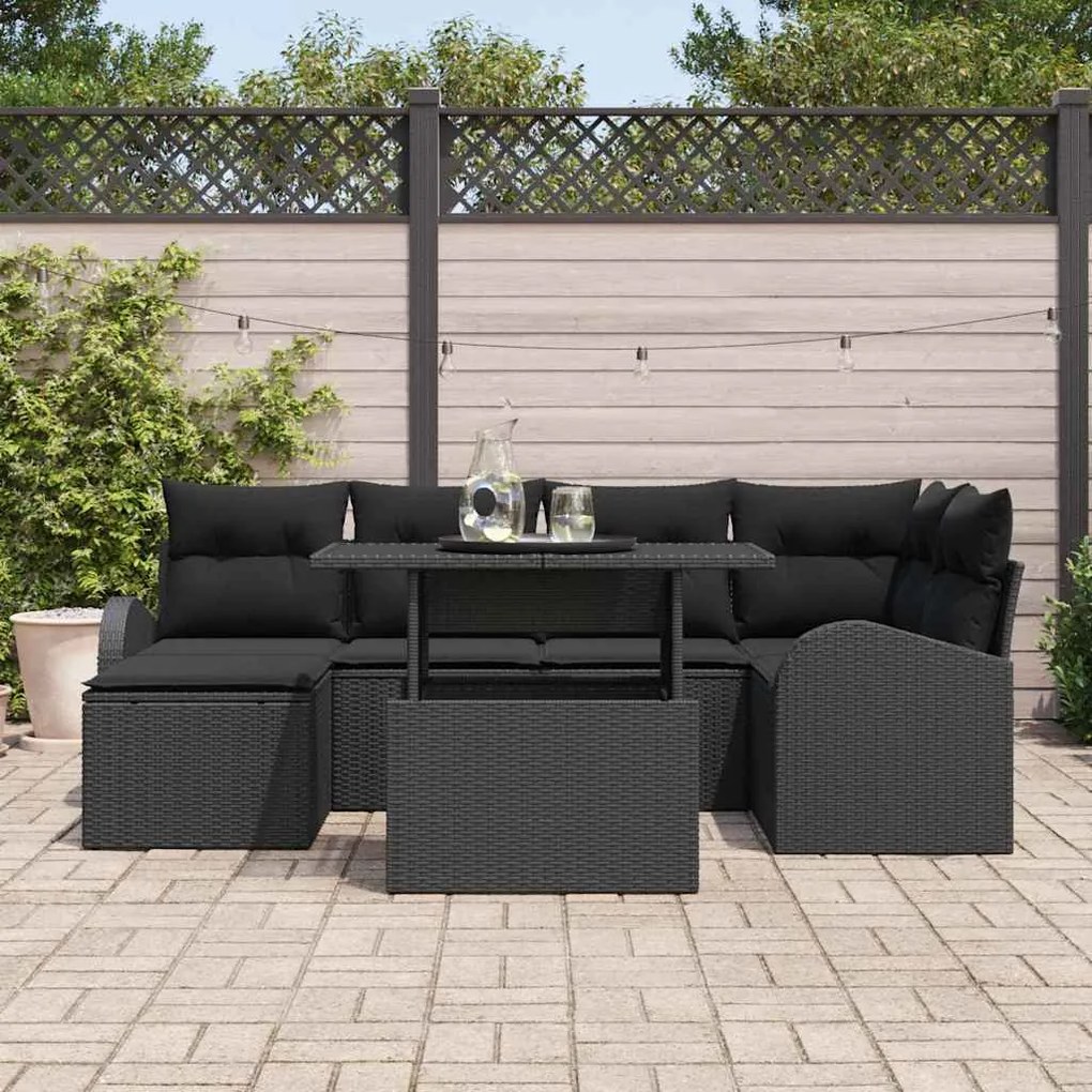 Conjunto de Sofá de Jardim vidaXL com 7 Peças e Almofadas Preto Rattan