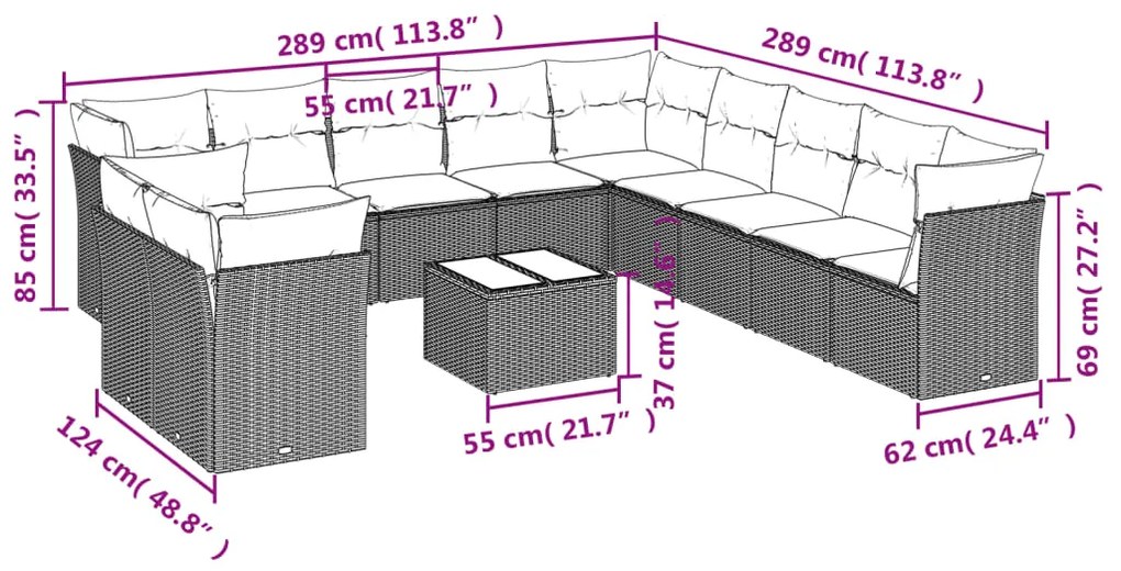 12 pcs conjunto de sofás jardim c/ almofadões vime PE cinzento