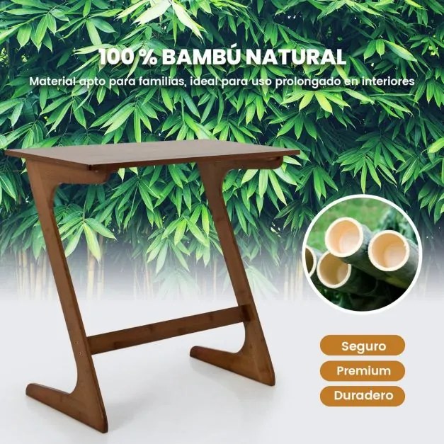 Mesa Auxiliar de Bambu para Sofá 75 cm x 40 cm x 70 cm com Ampla Superfície Secretária para Portátil que Economiza Espaço Montagem Rápida de Aperitivo