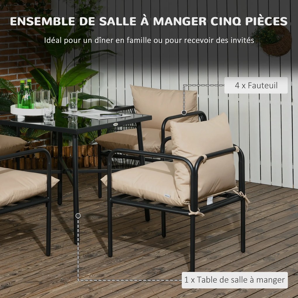 Conjunto de jardim com mesa e cadeiras (5 peças): 1 mesa de jantar quadrada e 4 cadeiras, com 4 almofadas