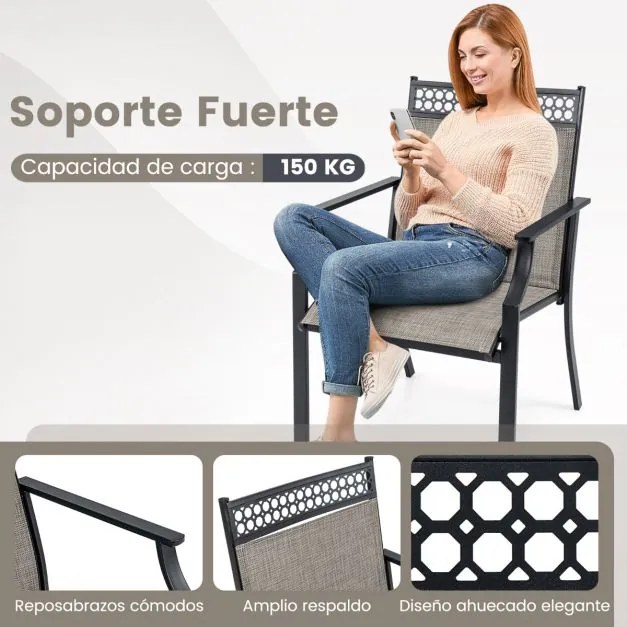 Conjunto de 2 cadeiras de jardim (mesa não incluída) em Textilene Estrutura metálica com encosto alto e apoios de braços Tecido de secagem rápida Capa