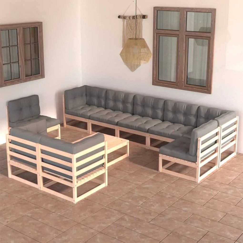 10 pcs conjunto lounge de jardim c/ almofadões pinho maciço