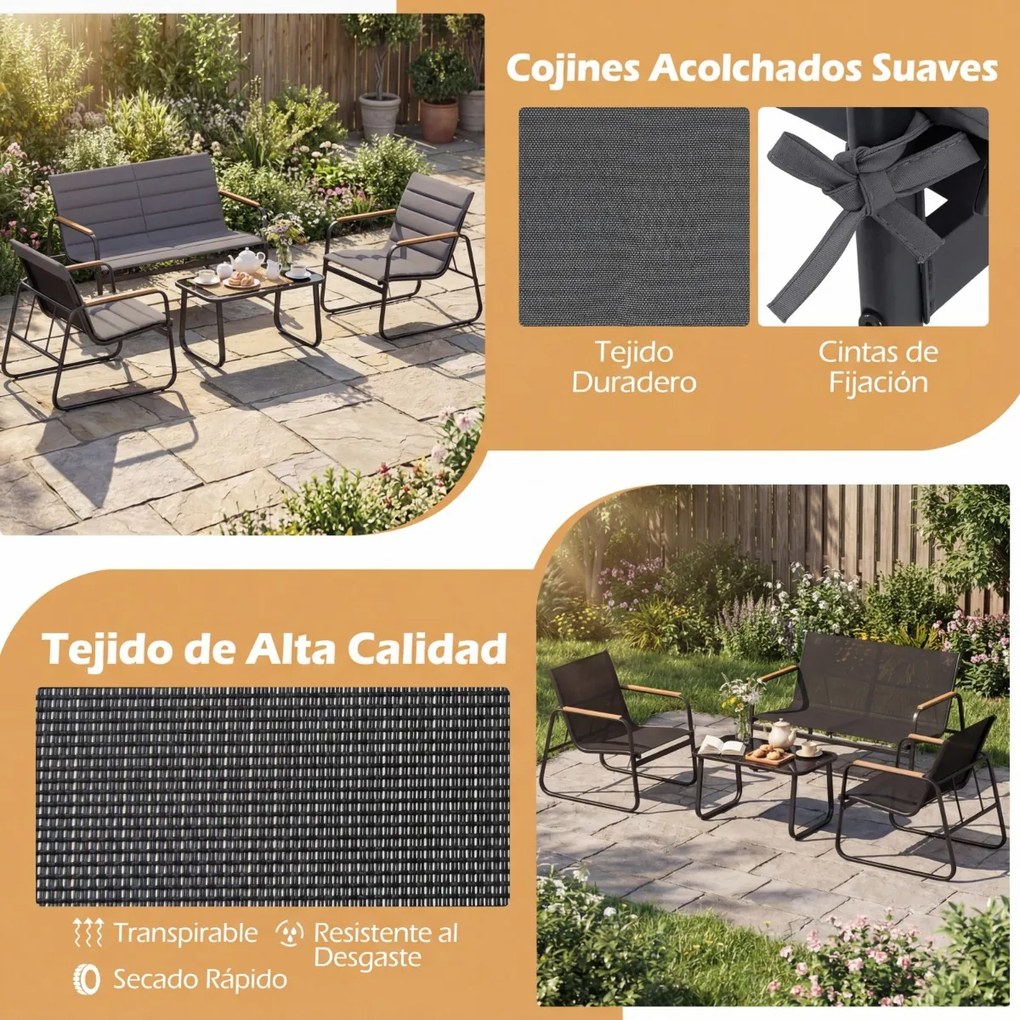 Conjunto de jardim de 4 peças, com almofadas, mesa de vidro temperado e cadeiras de jardim para alpendre, varanda ou jardim com almofadas Cinza