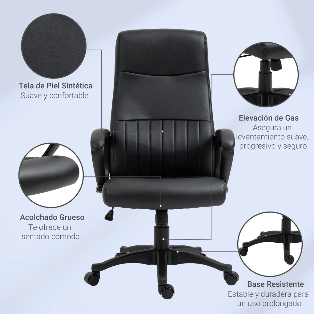 Vinsetto Cadeira de Escritório Ergonômica Cadeira de Escritório Basculante e Giratória 360° com Altura Ajustável Encosto Alto e Apoio para os Braços Pele Sintética 61,5x66x113-123cm Preto