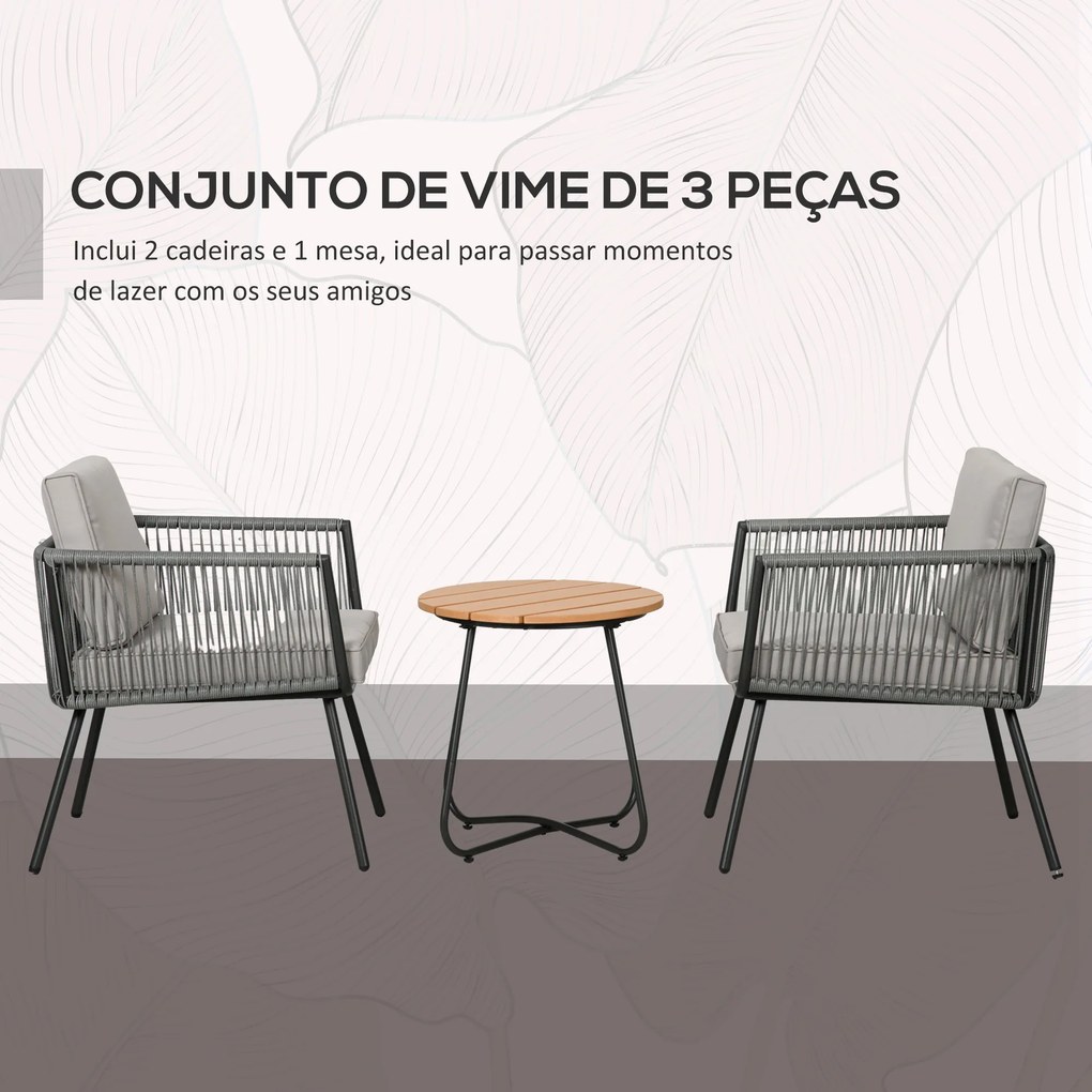Conjunto de Móveis de Jardim de Vime 3 Peças Incluí 1 Mesa de Centro e 2 Poltronas com Almofadas Acolchoadas Cinzento