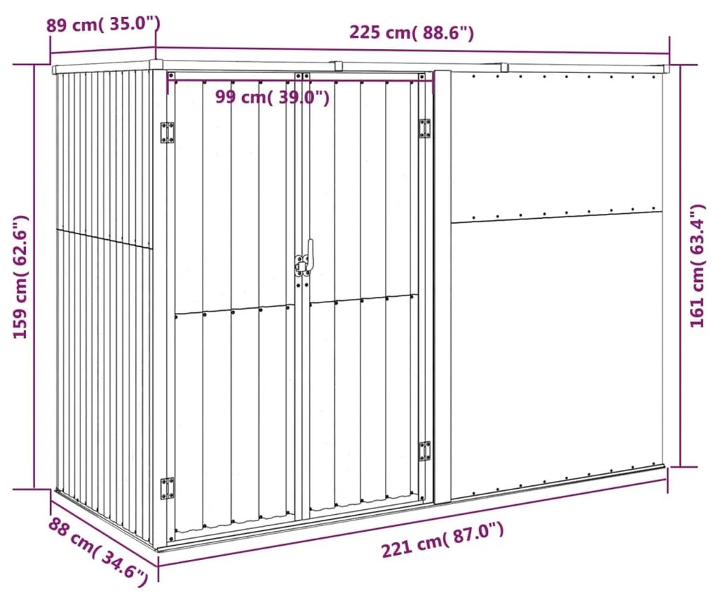 Abrigo p/ ferramentas jardim 225x89x161cm aço galvanizado verde
