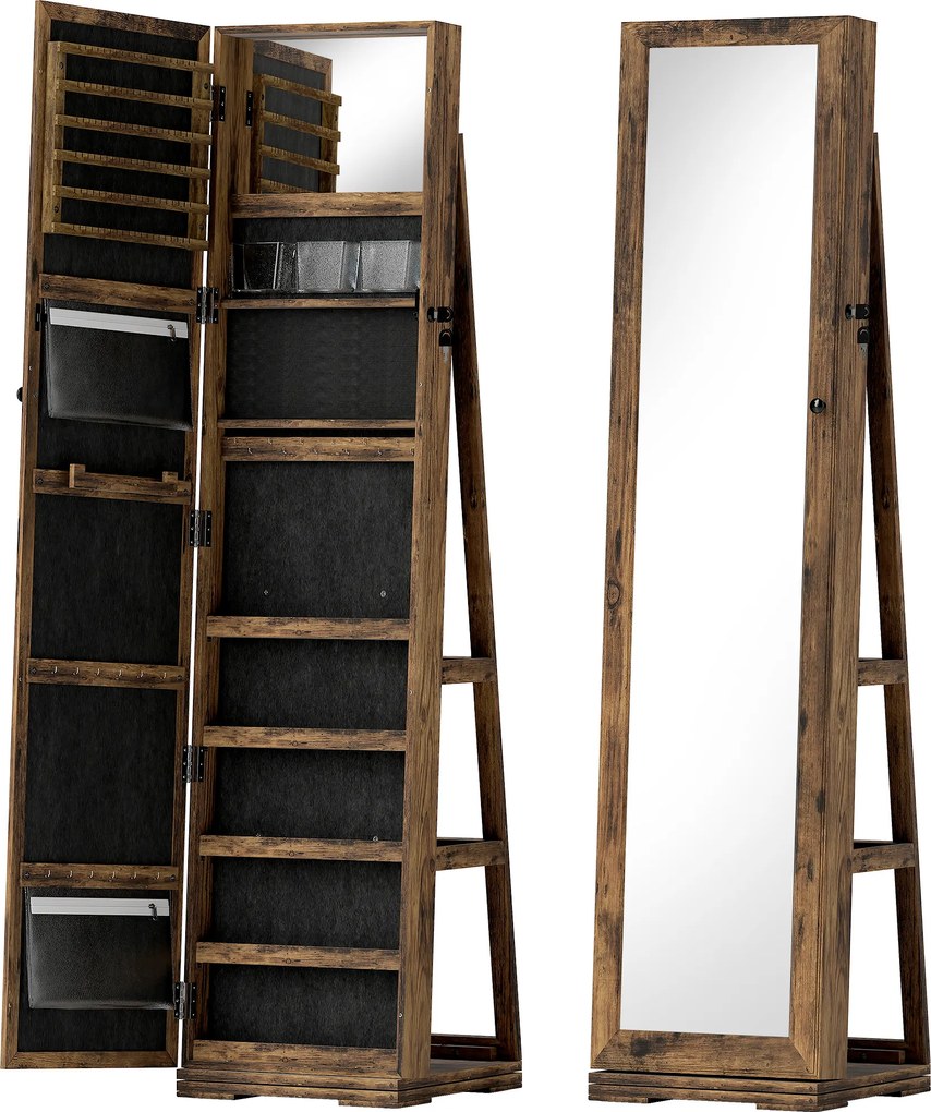 HOMCOM Joalheiro de Pé Armário para Jóias 360° com Fechadura e Espelho Incorporado Carga Máxima 20 kg 38x38x160 cm Marrom Rústico | Aosom Portugal