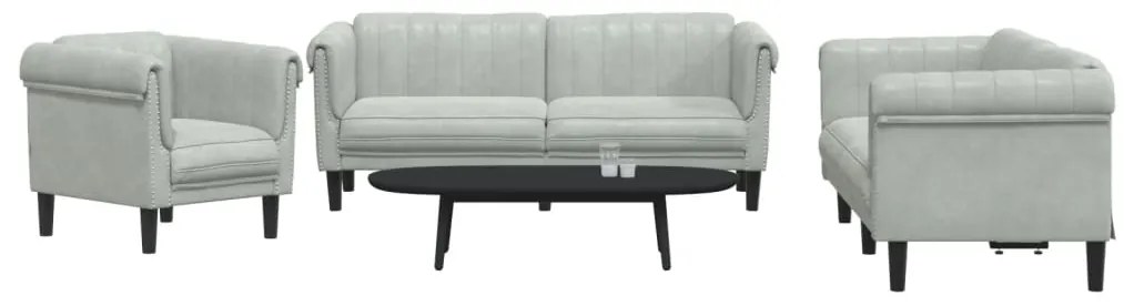 3 pcs conjunto de sofás veludo cinzento-claro