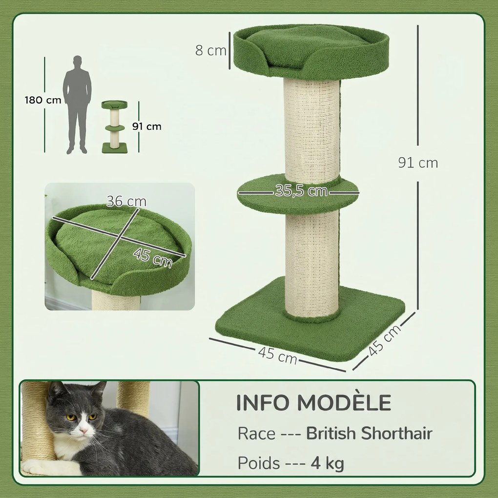 Árvore para Gatos com Arranhador, 45 x 45 x 91 cm, Postes Extragrossos, Verde
