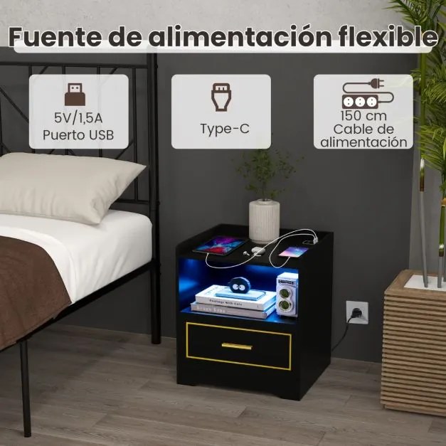 Mesa de cabeceira LED com Estante Gaveta Porta USB 3 Cores de Luz e Iluminação Ajustável para Quarto 45 x 40 x 50 cm Preto