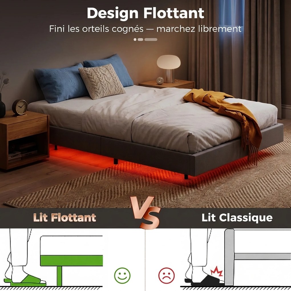 Estrutura Cama de Casal Flutuante, 201 x 162 x 27 cm (COLCHÃO NÃO INCLUIDO), Iluminação LED RGB Inteligente, Bege