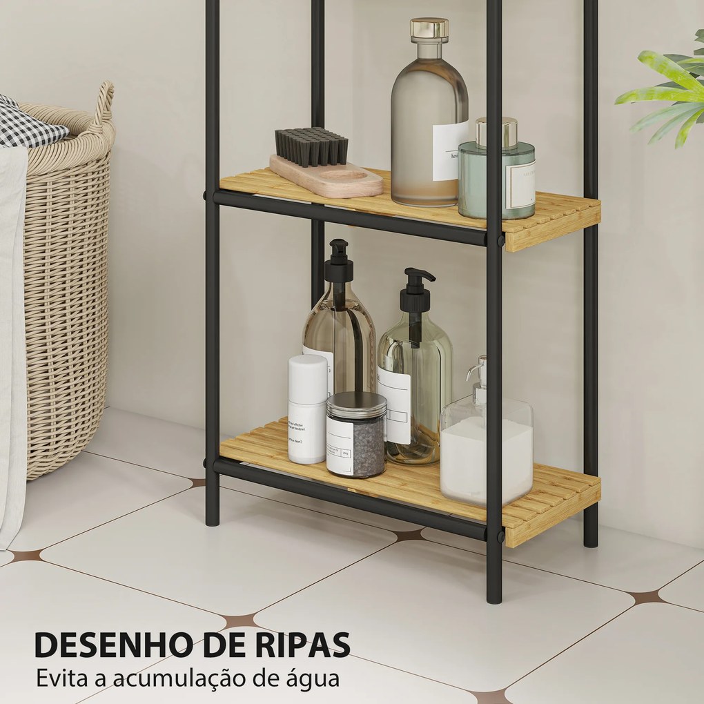 Estante de Casa de Banho de Bambu de 3 Níveis Estante de Armazenamento com 3 Prateleiras Ripas e Estrutura de Aço 41,5x21,5x77,5 cm Madeira e Preto
