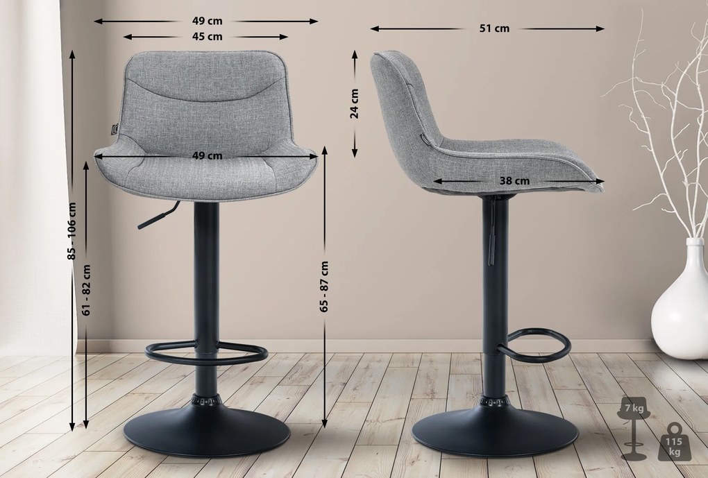 Banco alto em tecido com estrutura preta 85-106 x 49 x 51 cm cinzento