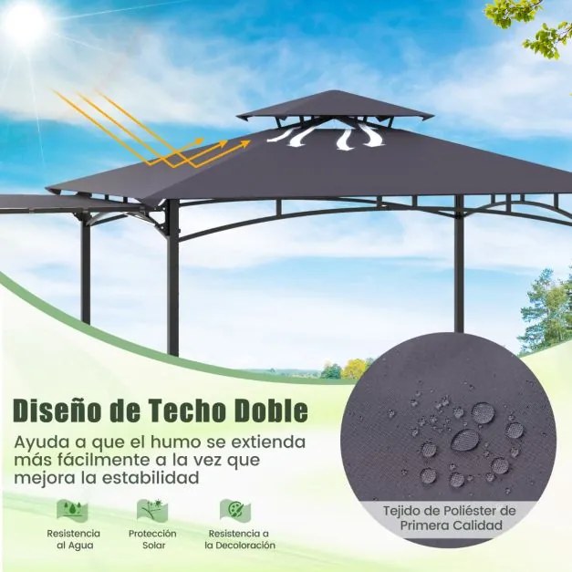 Tenda para Churrasco (Não Incluido) com grelha de 318 x 153 cm Toldo lateral Parte superior de 2 níveis 2 prateleiras laterais Estrutura em metal Cinz