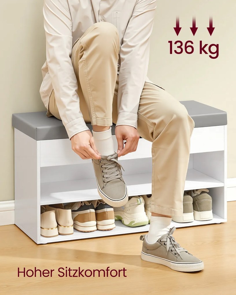 Banco arrumação para sapatos 30 x 80 x 44 cm com almofada acolchoada e 3 prateleiras em branco e Cinzento