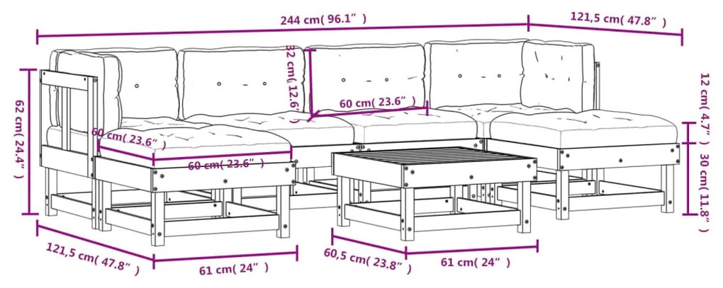 7pcs conjunto lounge jardim c/ almofadões madeira maciça branco