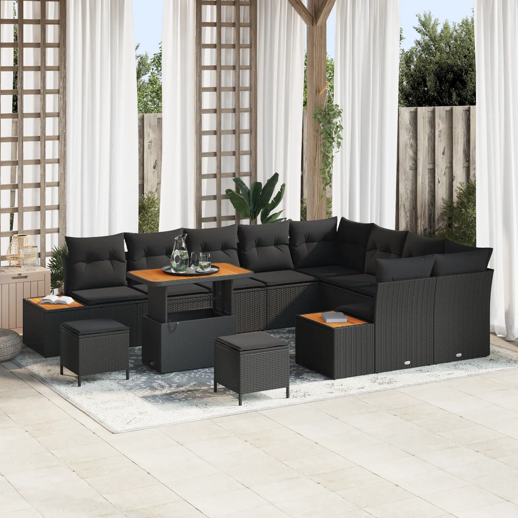 Conjunto de Sofá de Jardim vidaXL 12 Peças com Almofadas Preto Vime Si