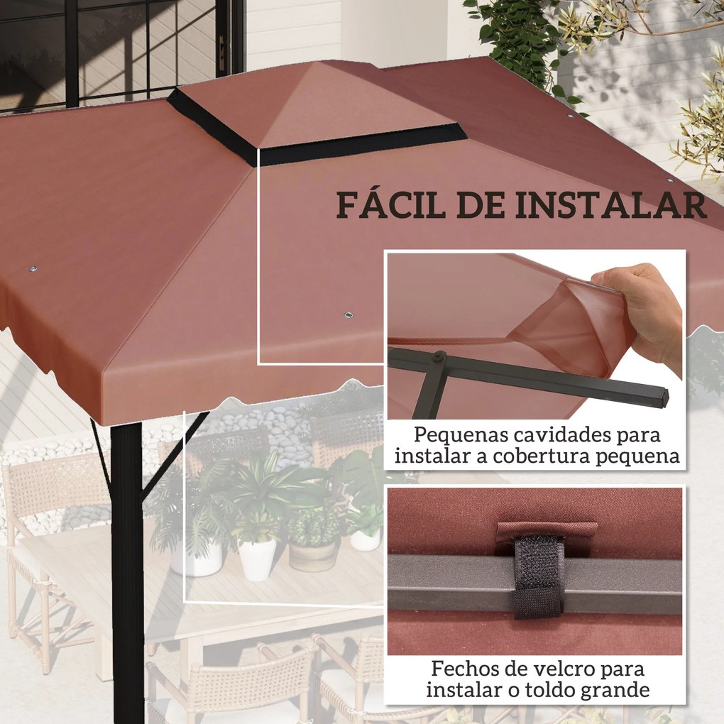 Toldo de Substituição para Pérgola 300x300 cm com Duplo Teto e 8 Orifícios de Drenagem Castanho