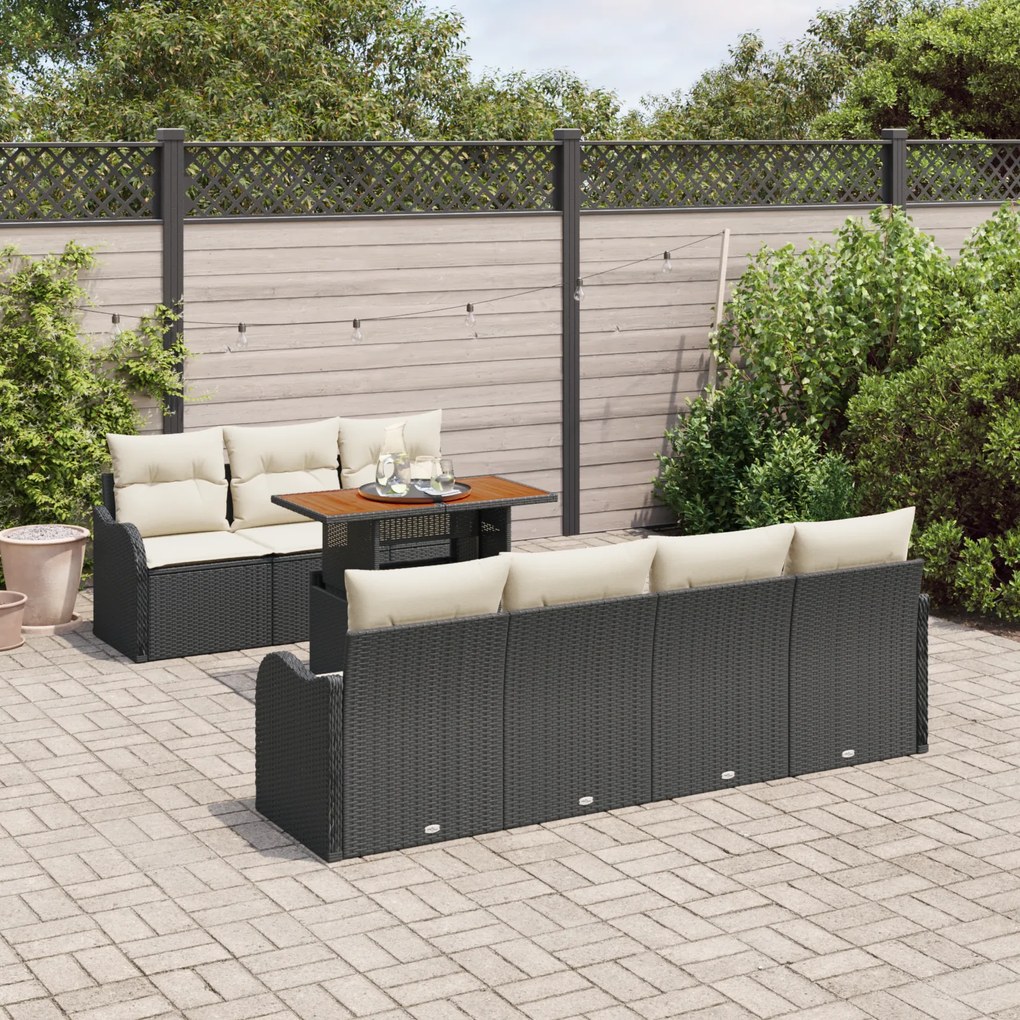 Conjunto de Sofás de Jardim de 8 Peças com Almofadas Preto Vime Poliés