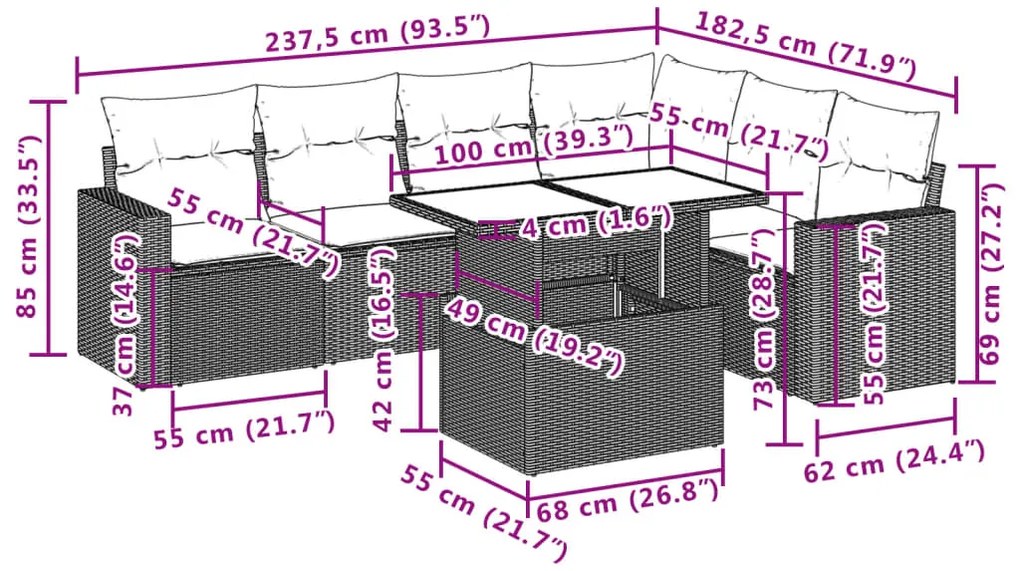 7 pcs conjunto sofás p/ jardim c/ almofadões vime PE cinzento