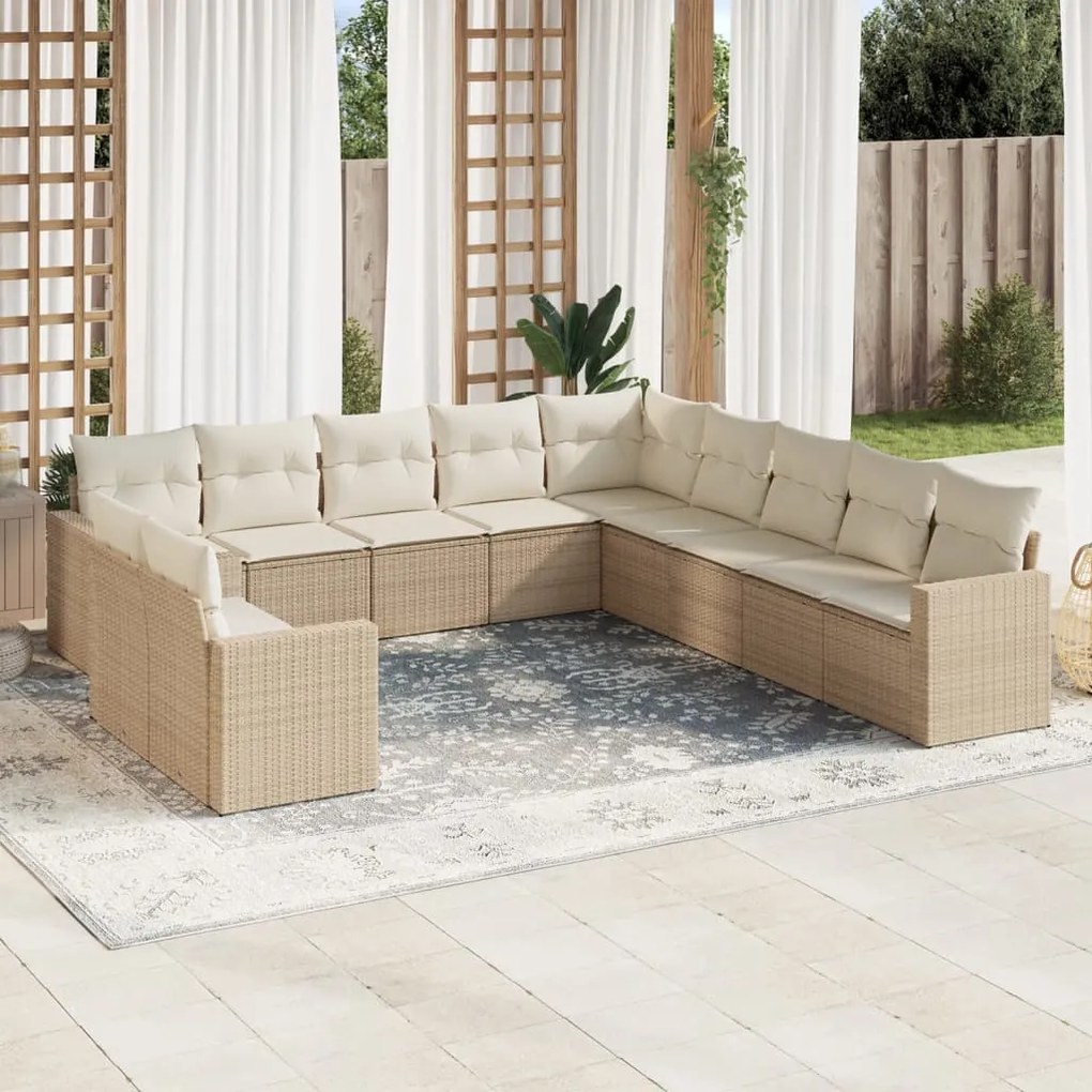 11 pcs conjunto sofás de jardim c/ almofadões vime PE bege