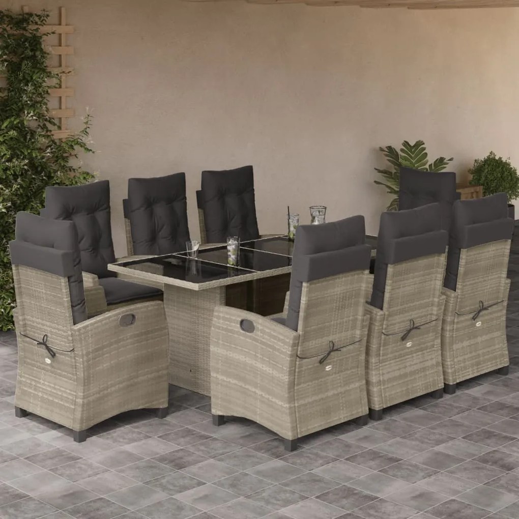 9 pcs conjunto de jantar p/ jardim c/ almofadões cinzento claro