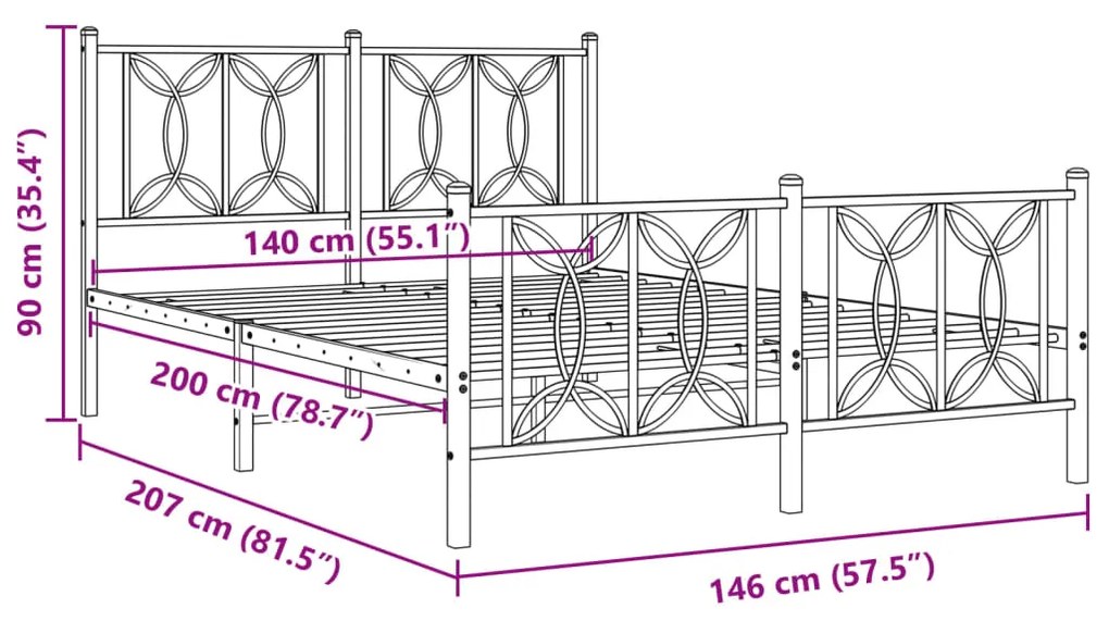 Estrutura de cama com cabeceira e pés 140x200 cm metal branco