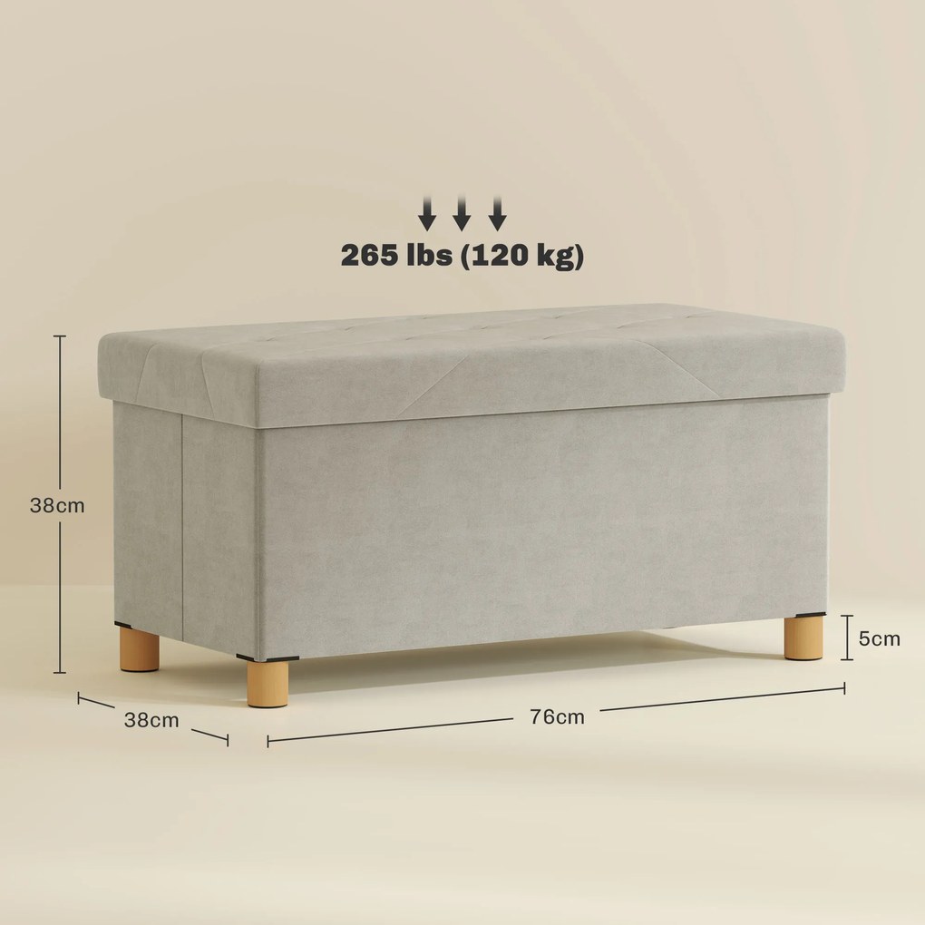 Banco de Armazenamento Dobrável Capacidade de 67 L  Estofado em Veludo Carga 120 kg 76x38x38 cm Creme