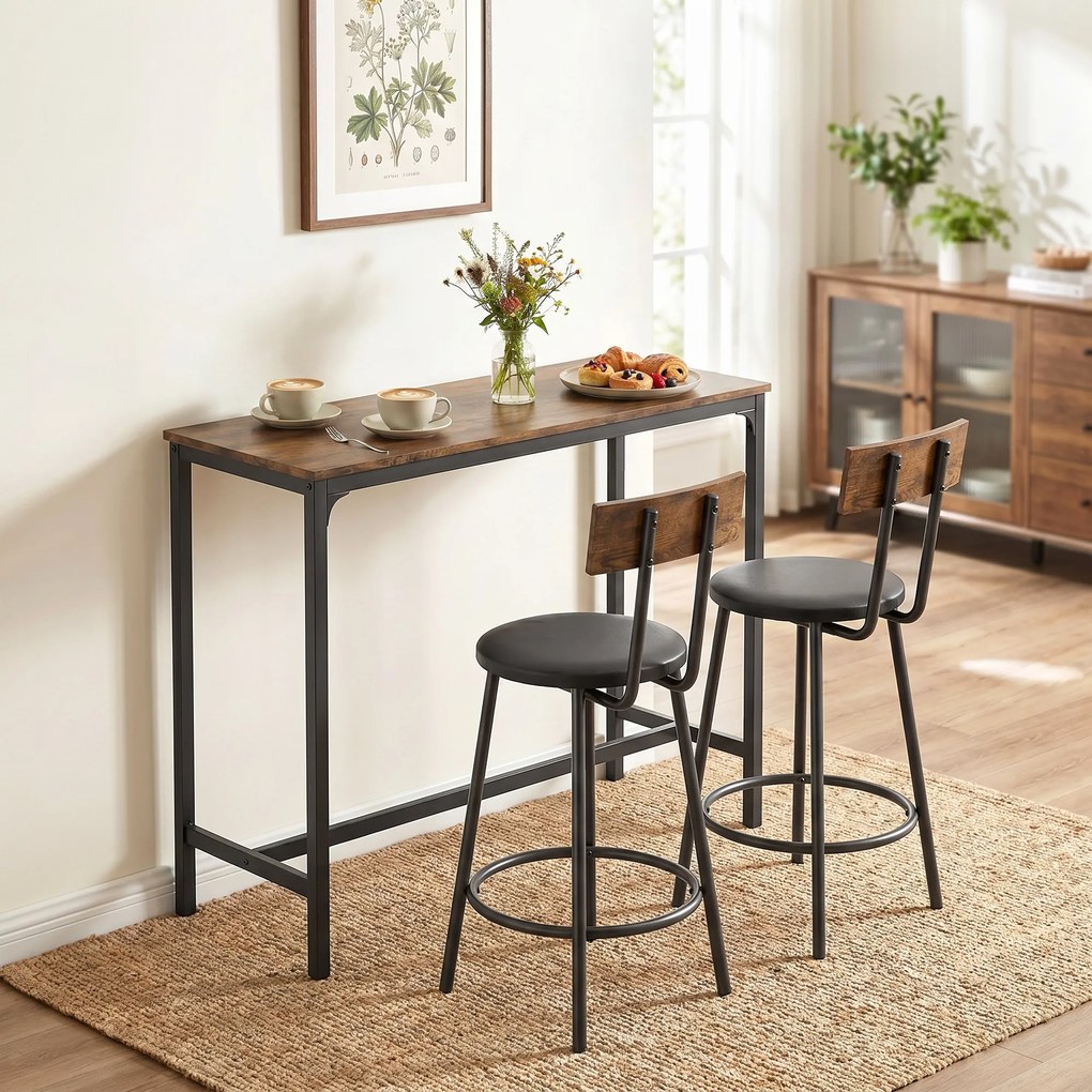 Conjunto de Mesa de Bar e 2 Bancos, 100 x 40 x 90,5 cm, Assentos Acolchoados em PU, Castanho