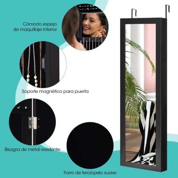 Armario Espelho guarda Joias de parede ou suspensos na porta de corpo inteiro 31,5 x 8,5 x 110 cm Preto