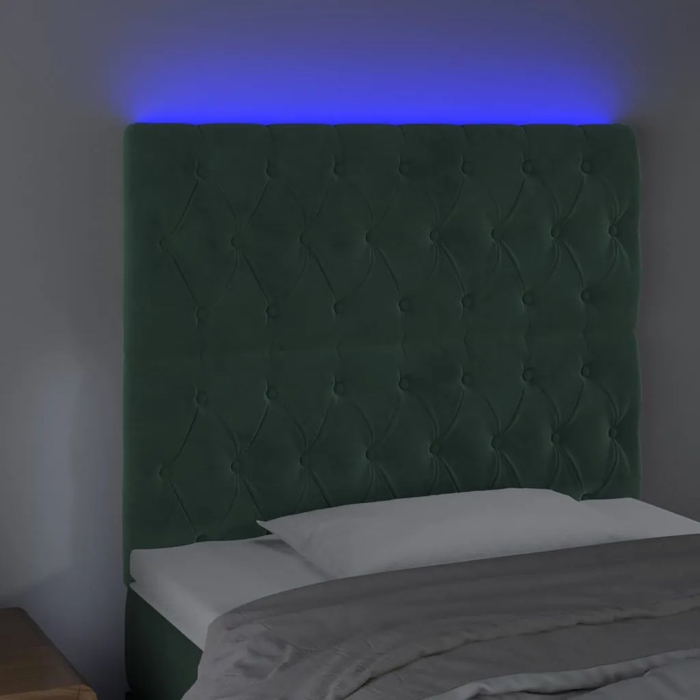 Cabeceira de cama c/ LED veludo 90x7x118/128 cm verde-escuro