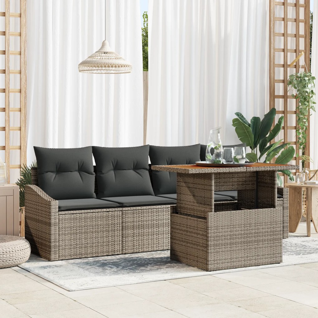 Conjunto de Sofá de Jardim com 5 Peças com Almofadas Cinza Vime PE