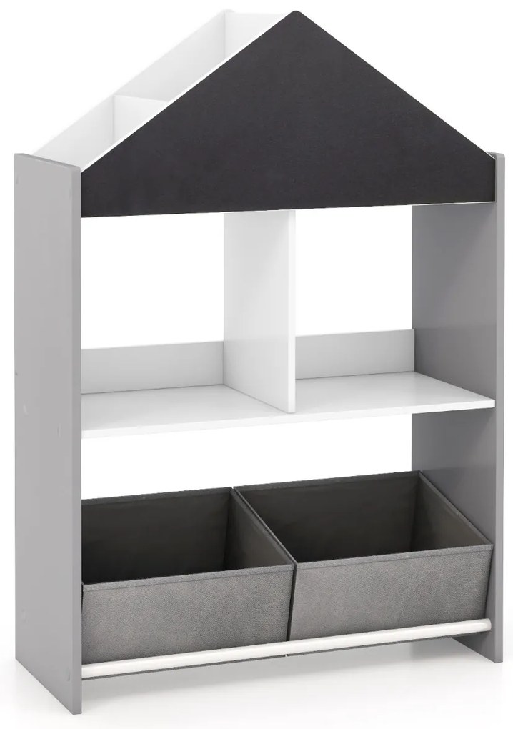 Estante em forma de casa para crianças Organizador de brinquedos em madeira com quadro branco 4 compartimentos 2 gavetas Cinzenta