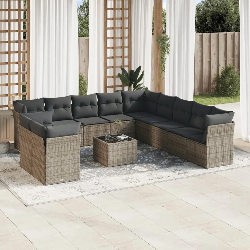 12 pcs conjunto de sofás jardim c/ almofadões vime PE cinzento