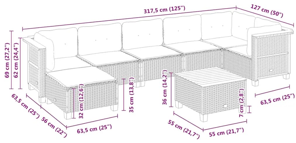 8 pcs conjunto de sofás p/ jardim com almofadões vime PE bege