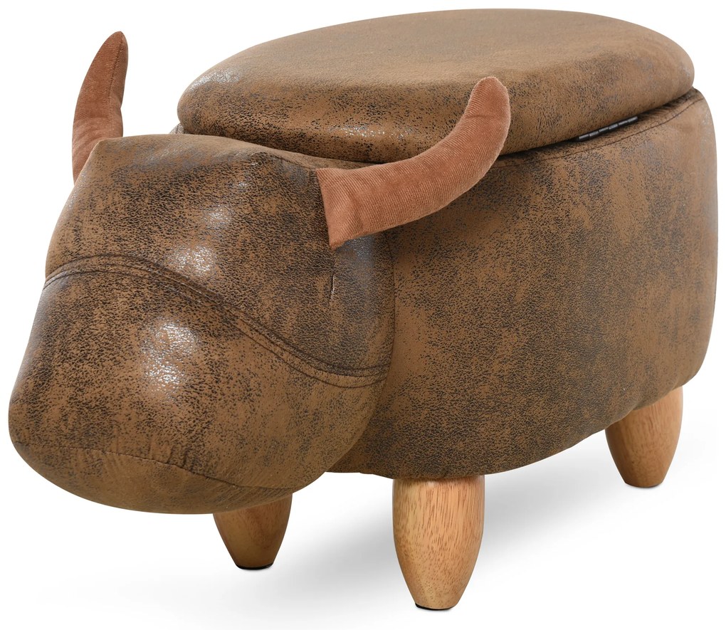 HOMCOM Banquinho Vaca - Pufe Vaca - Pufe Touro Baú de Armazenamento 2 em 1 - Pés de Madeira de Hévea Revestimento Sintético em Camurça Marrom Envelhecida | Aosom Portugal