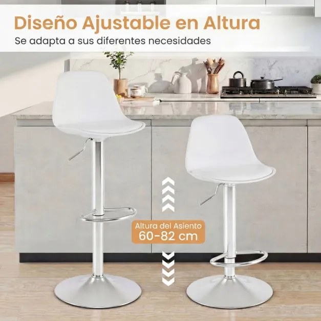 Conjunto de 2 bancos giratórios de bar com encosto ajustável em altura, estofados em couro sintético e apoio para os pés branco e prata