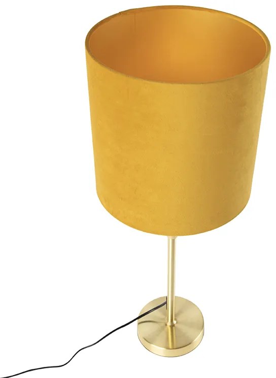Candeeiro de mesa dourado/latão com cúpula de veludo amarelo 25 cm - Parte Country / Rústico