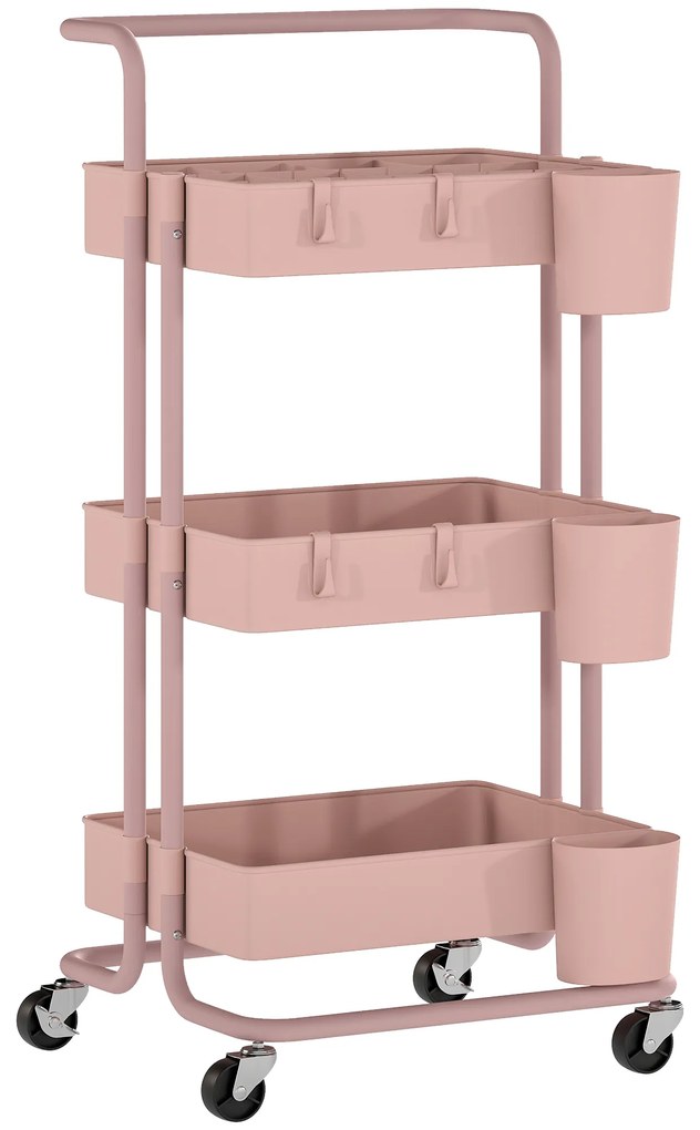 HOMCOM Carrinho de Cozinha Carrinho de Armazenamento com 4 Ganchos 3 Cestas Removíveis 3 Caixas Suspensas 42x38x86,5 cm Rosa | Aosom Portugal
