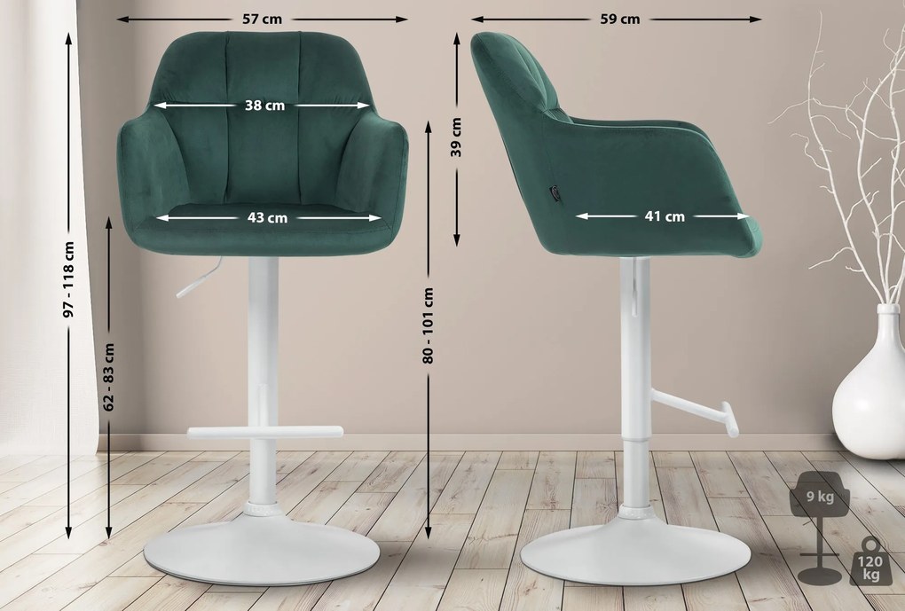 Banco de bar Natoma em veludo com estrutura branca 97-118 x 57 x 59 cm Verde