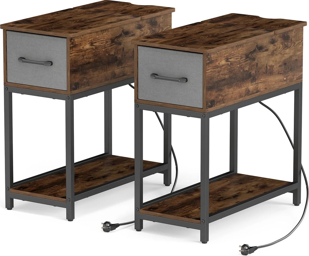 Conjunto de 2 mesas cabeçeira estreitas com estação de carregamento  60 x 29 x 62 cm, luzes, USB, gaveta e estante industrial Castanho rústico e cinze