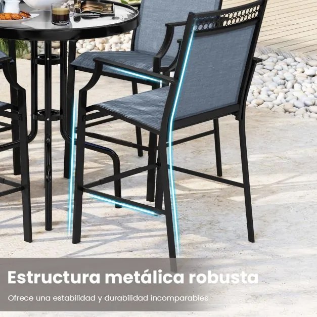 Conjunto de 2 bancos de bar para Jardim com apoio para os pés em metal à altura do balcão para jardim, piscina, varanda, cozinha Azul